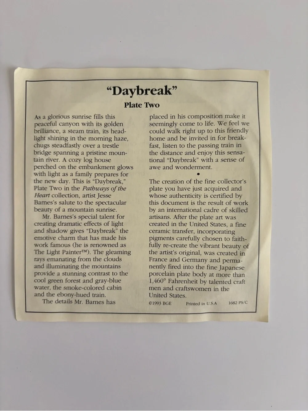 Vintage Limited 1993 “Daybreak” #2 in Series Bradford Exchange by Jesse Barnes